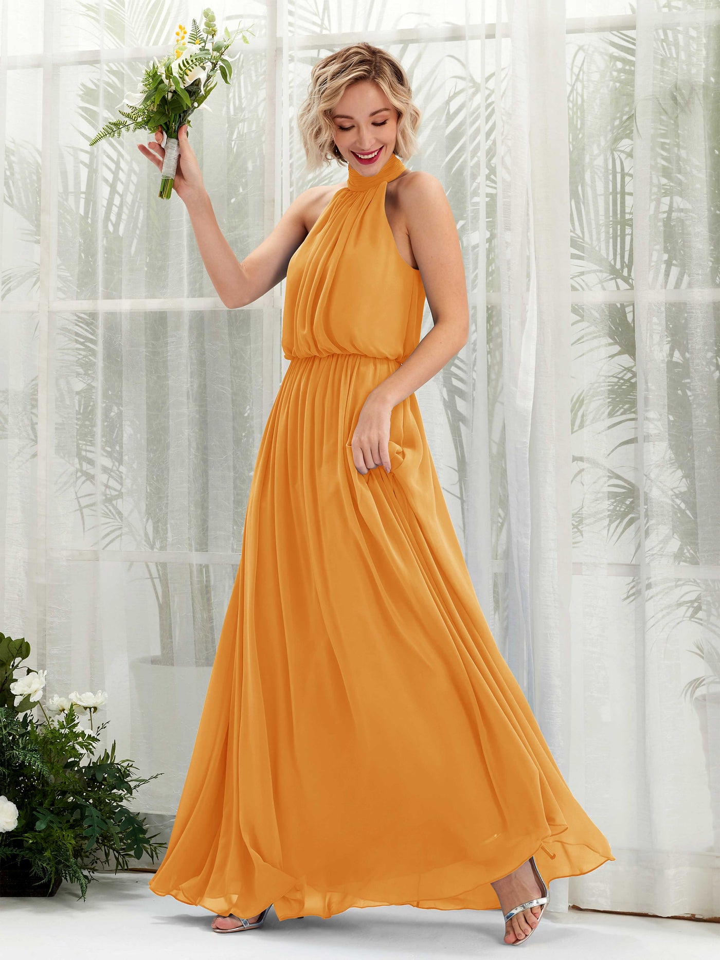 Halter Sleeveless Chiffon Bridesmaid Dress - Mango (81222902)#color_mango