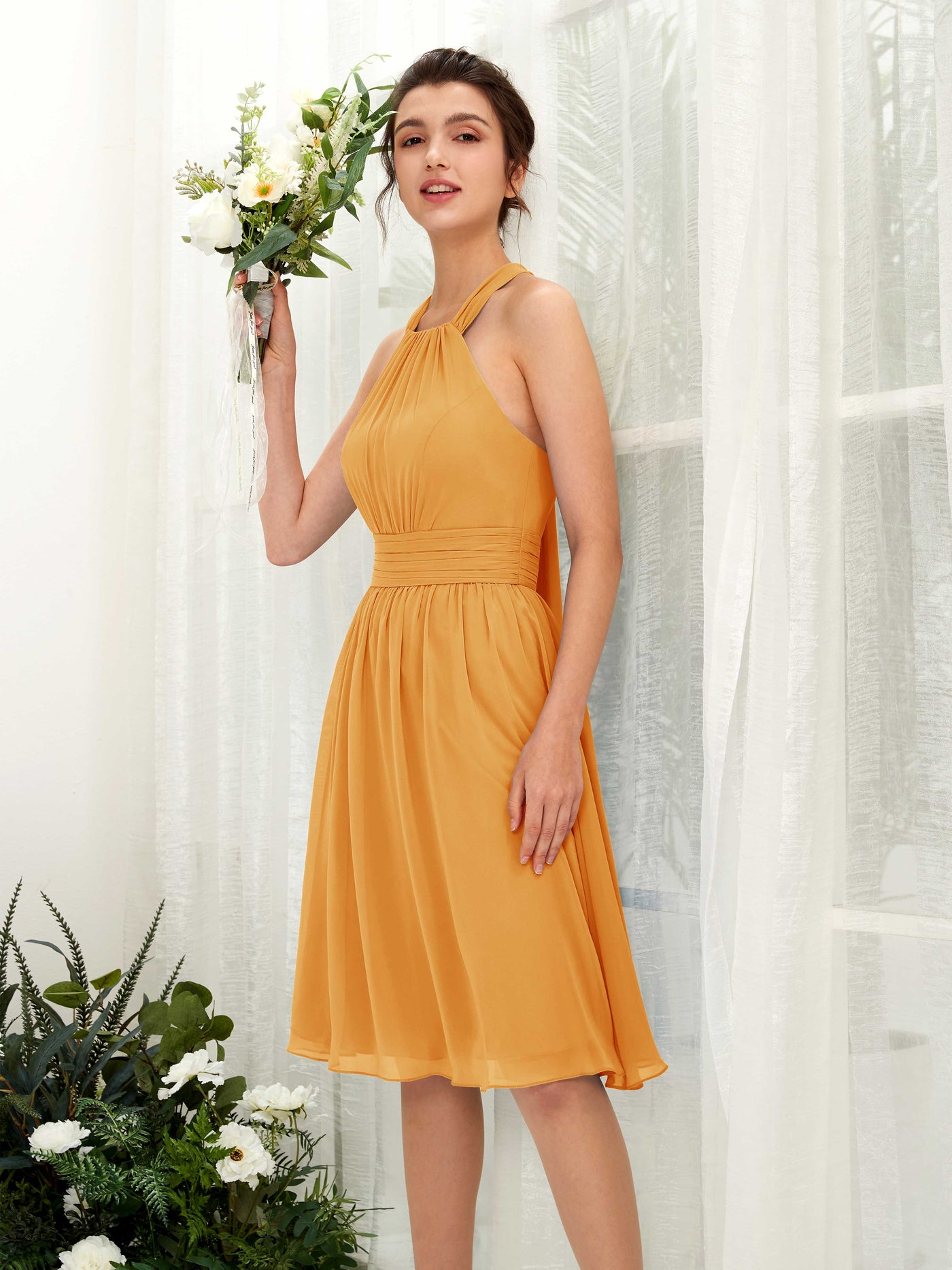 Halter Strapless Chiffon Bridesmaid Dress - Mango (81222602)#color_mango