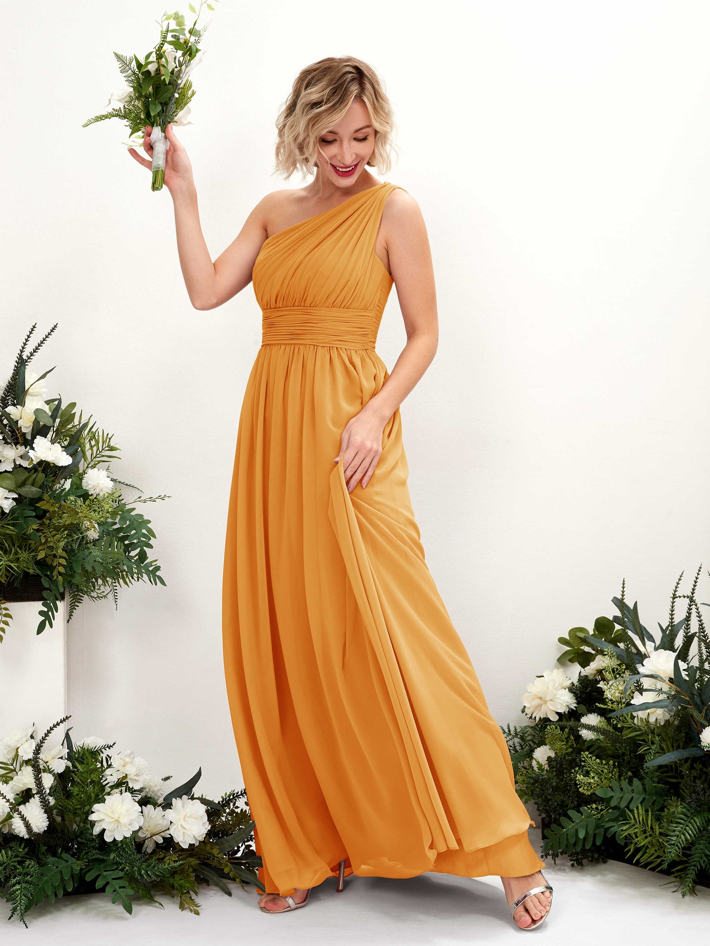 One Shoulder Sleeveless Chiffon Bridesmaid Dress - Mango (81225002)#color_mango