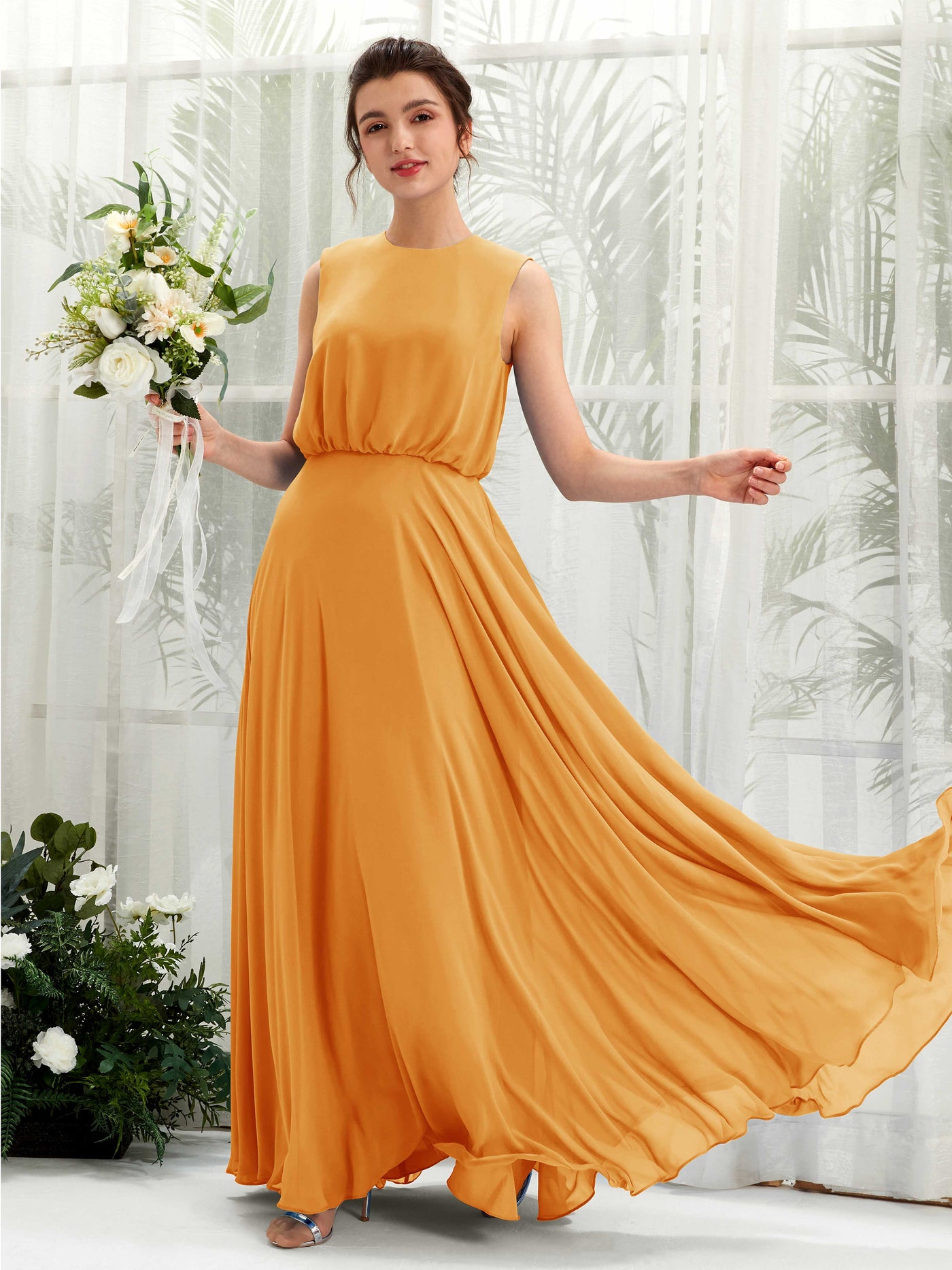 Round Sleeveless Chiffon Bridesmaid Dress - Mango (81222802)#color_mango