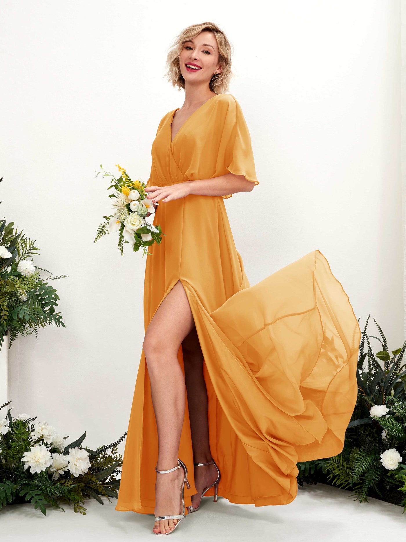 V-neck 1/2 Sleeves Chiffon Bridesmaid Dress - Mango (81225102)#color_mango