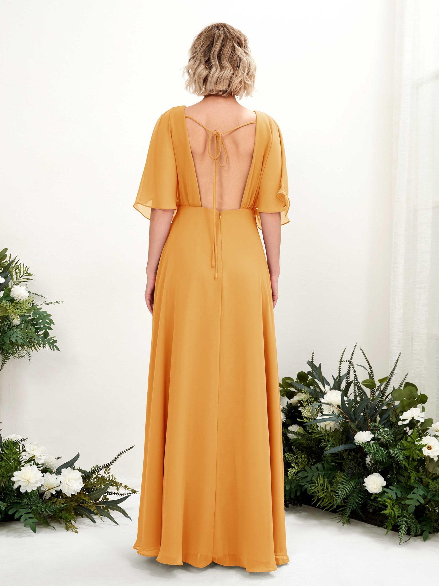 V-neck 1/2 Sleeves Chiffon Bridesmaid Dress - Mango (81225102)#color_mango