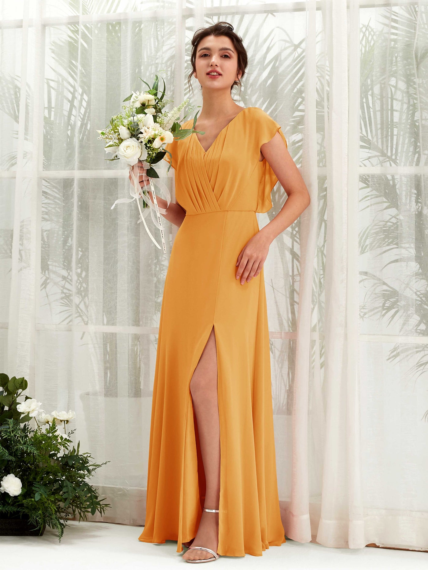 V-neck Cap Sleeves Bridesmaid Dress - Mango (81225602)#color_mango