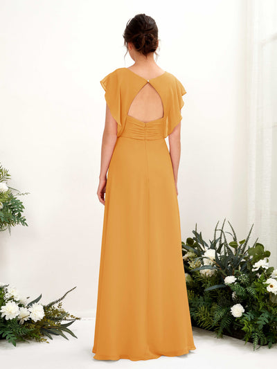 Carlyna Annie A-Line Mango Bridesmaid Dress Maxi Cap Sleeve V-Neck Dress Back View #color_mango