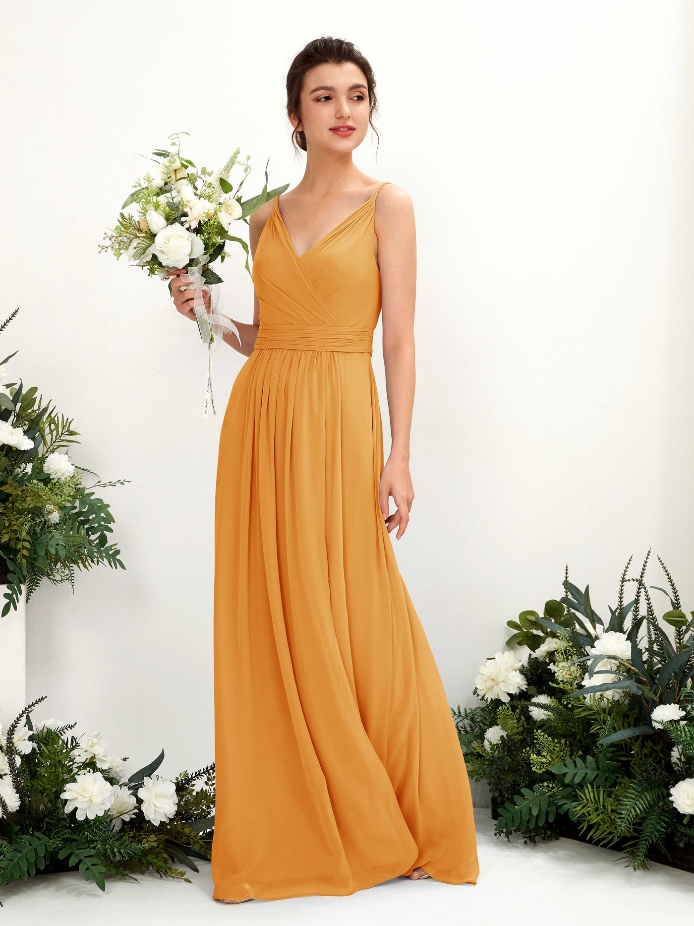 Spaghetti-straps V-neck Sleeveless Bridesmaid Dress - Mango (81223902)#color_mango