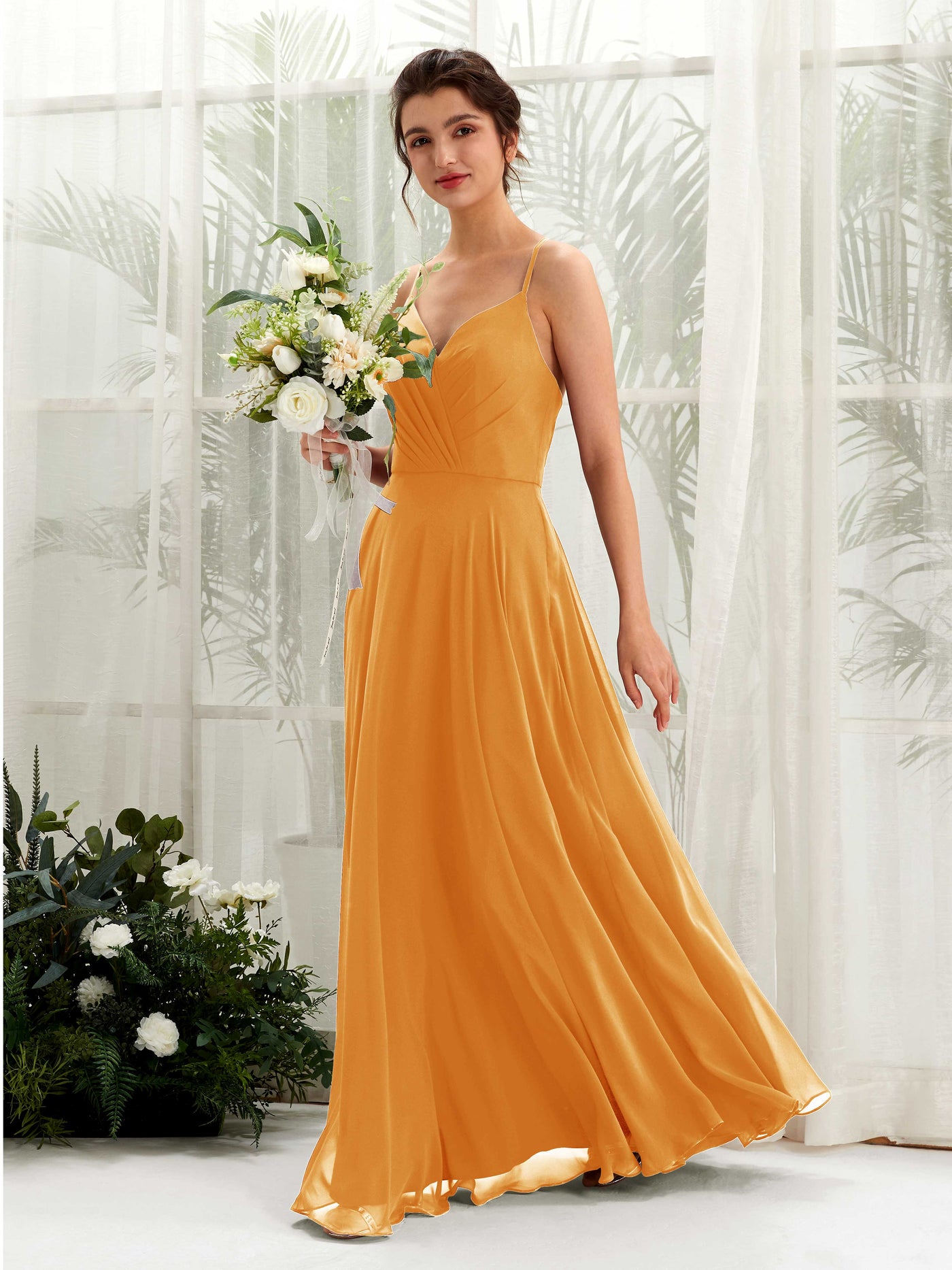 Spaghetti-straps V-neck Sleeveless Bridesmaid Dress - Mango (81224202)#color_mango