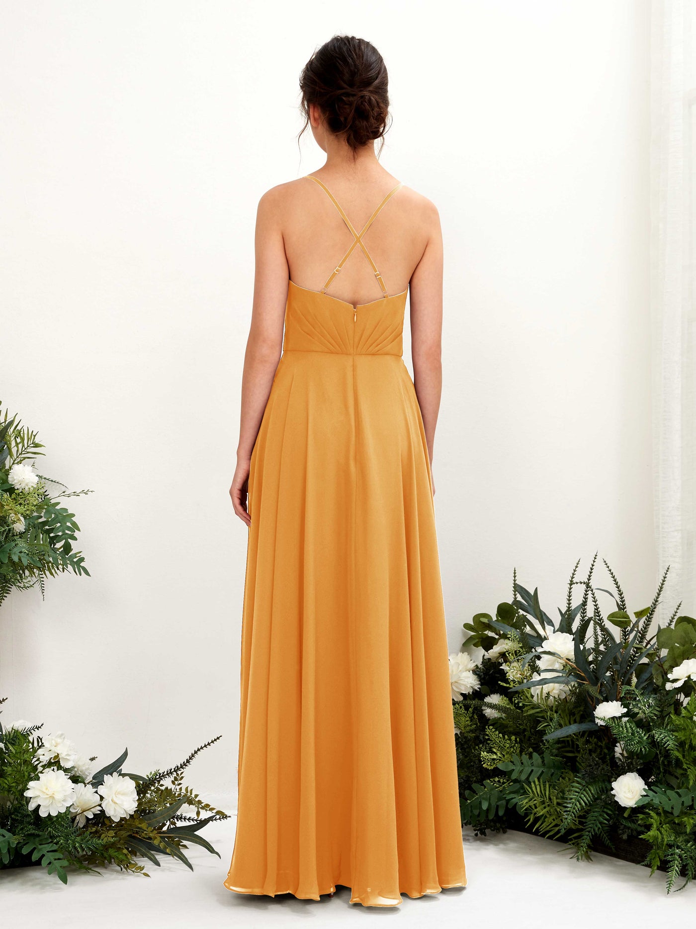 Spaghetti-straps V-neck Sleeveless Bridesmaid Dress - Mango (81224202)#color_mango