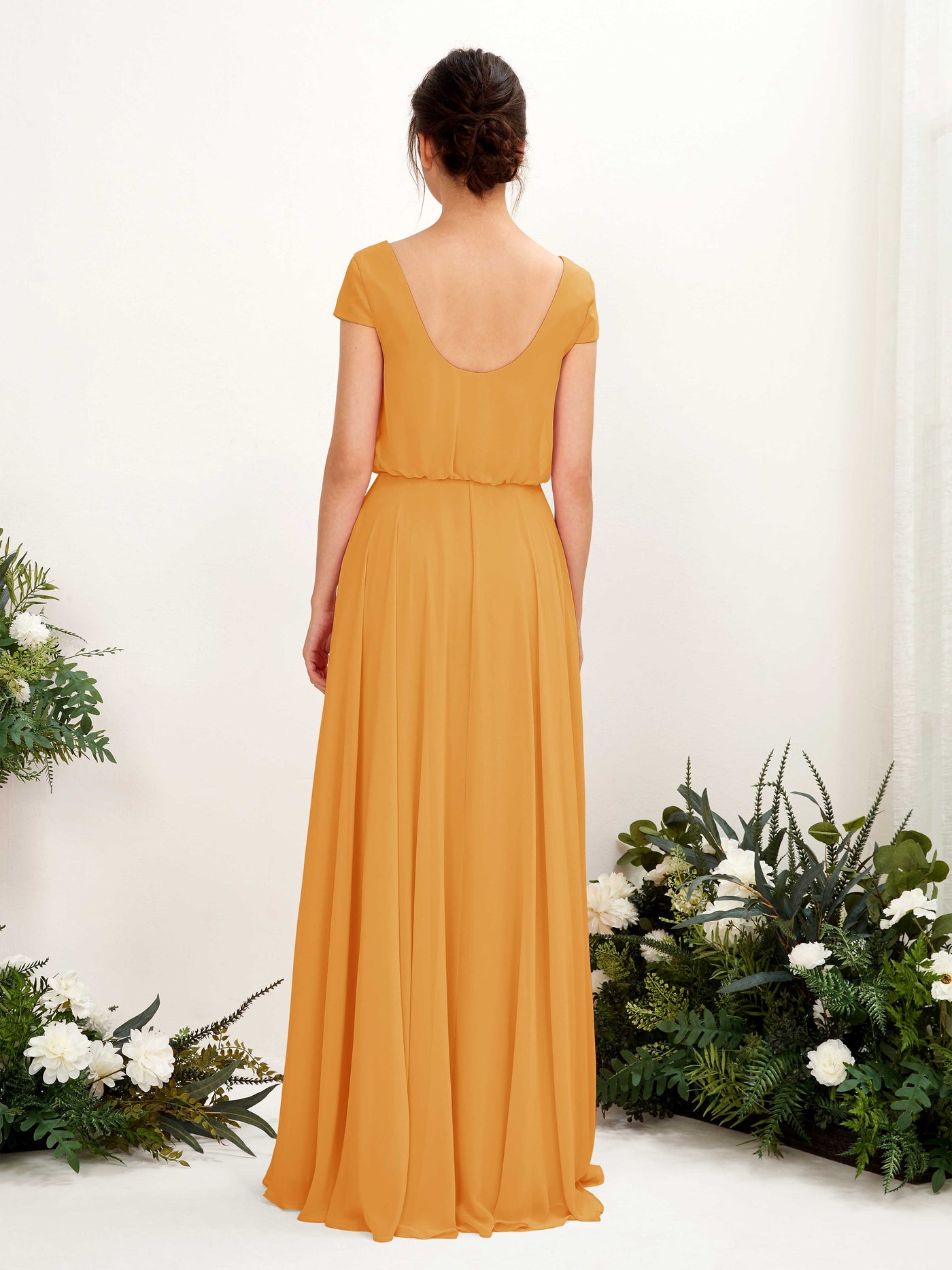 V-neck Cap Sleeves Chiffon Bridesmaid Dress - Mango (81221802)#color_mango
