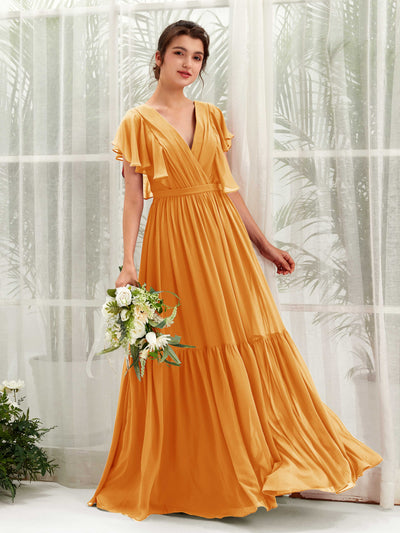 Carlyna Chaya A-Line Mango Bridesmaid Dress Maxi Cap Sleeve V-Neck Dress Front View #color_mango