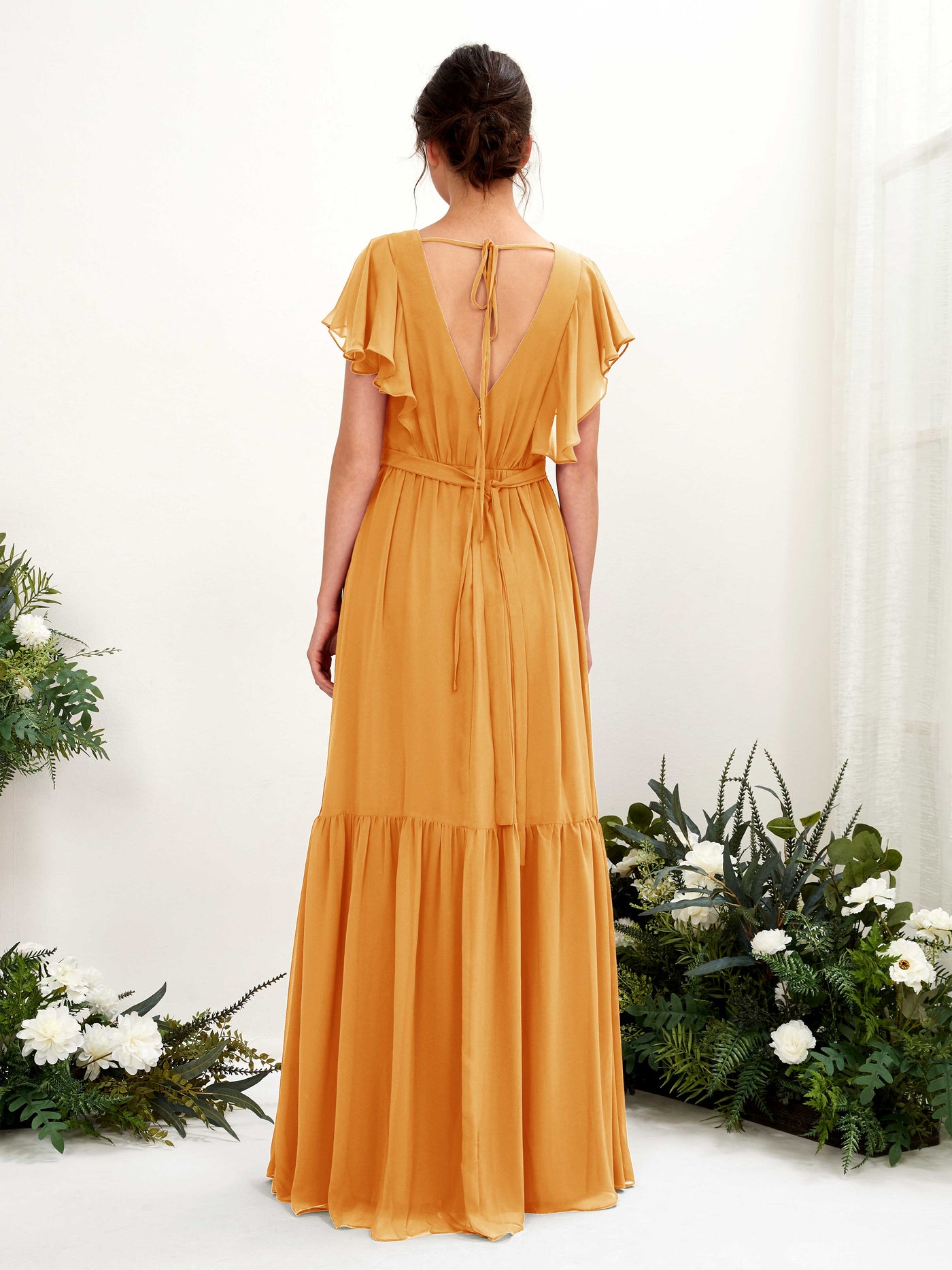 V-neck Cap Sleeves Chiffon Bridesmaid Dress - Mango (81225902)#color_mango