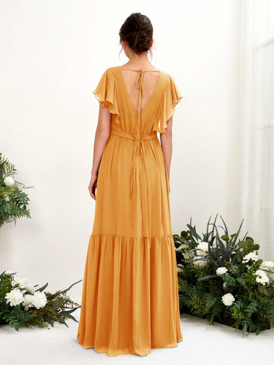 Carlyna Chaya A-Line Mango Bridesmaid Dress Maxi Cap Sleeve V-Neck Dress Back View #color_mango