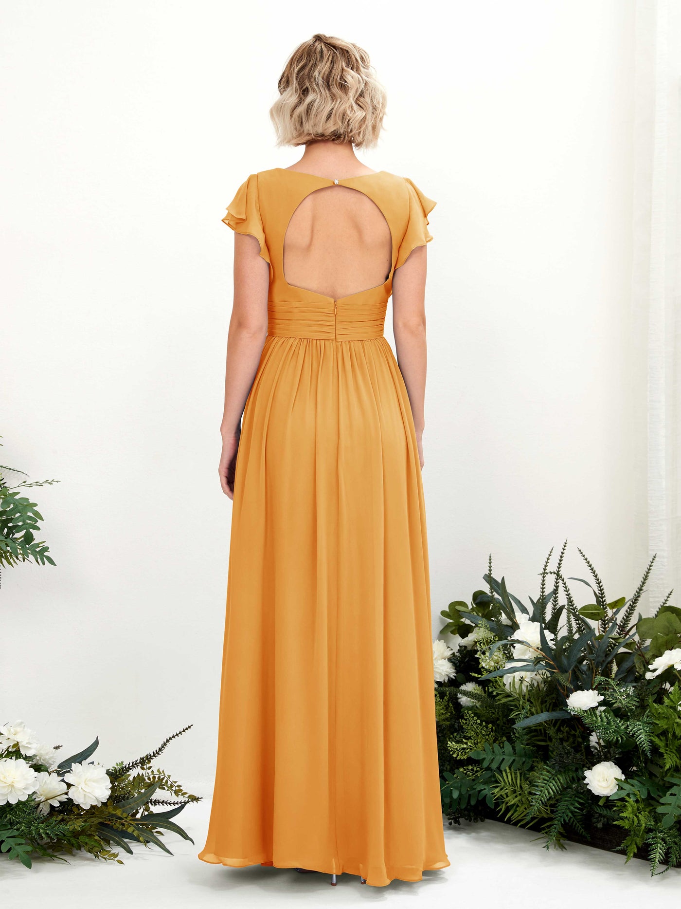 V-neck Short Sleeves Chiffon Bridesmaid Dress - Mango (81222702)#color_mango