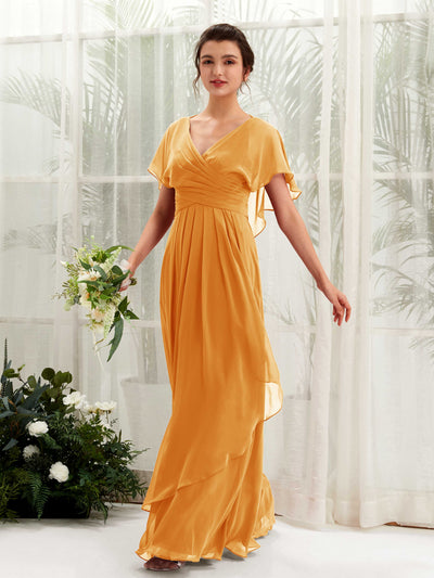 Carlyna Darlene A-Line Mango Bridesmaid Dress Maxi Short Sleeve V-Neck Dress Front View #color_mango