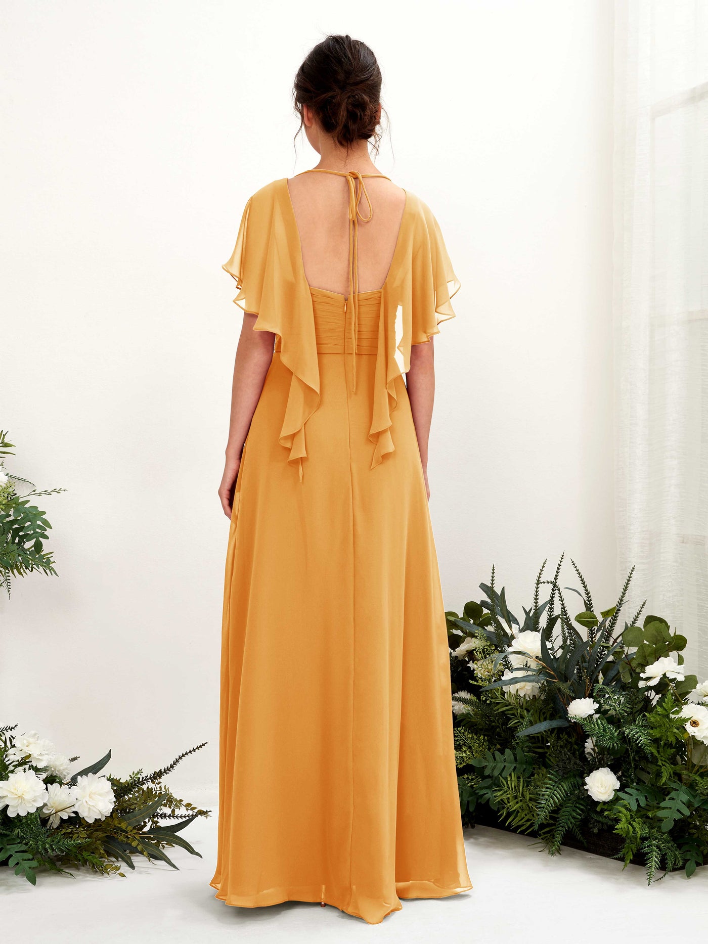 V-neck Short Sleeves Chiffon Bridesmaid Dress - Mango (81226102)#color_mango