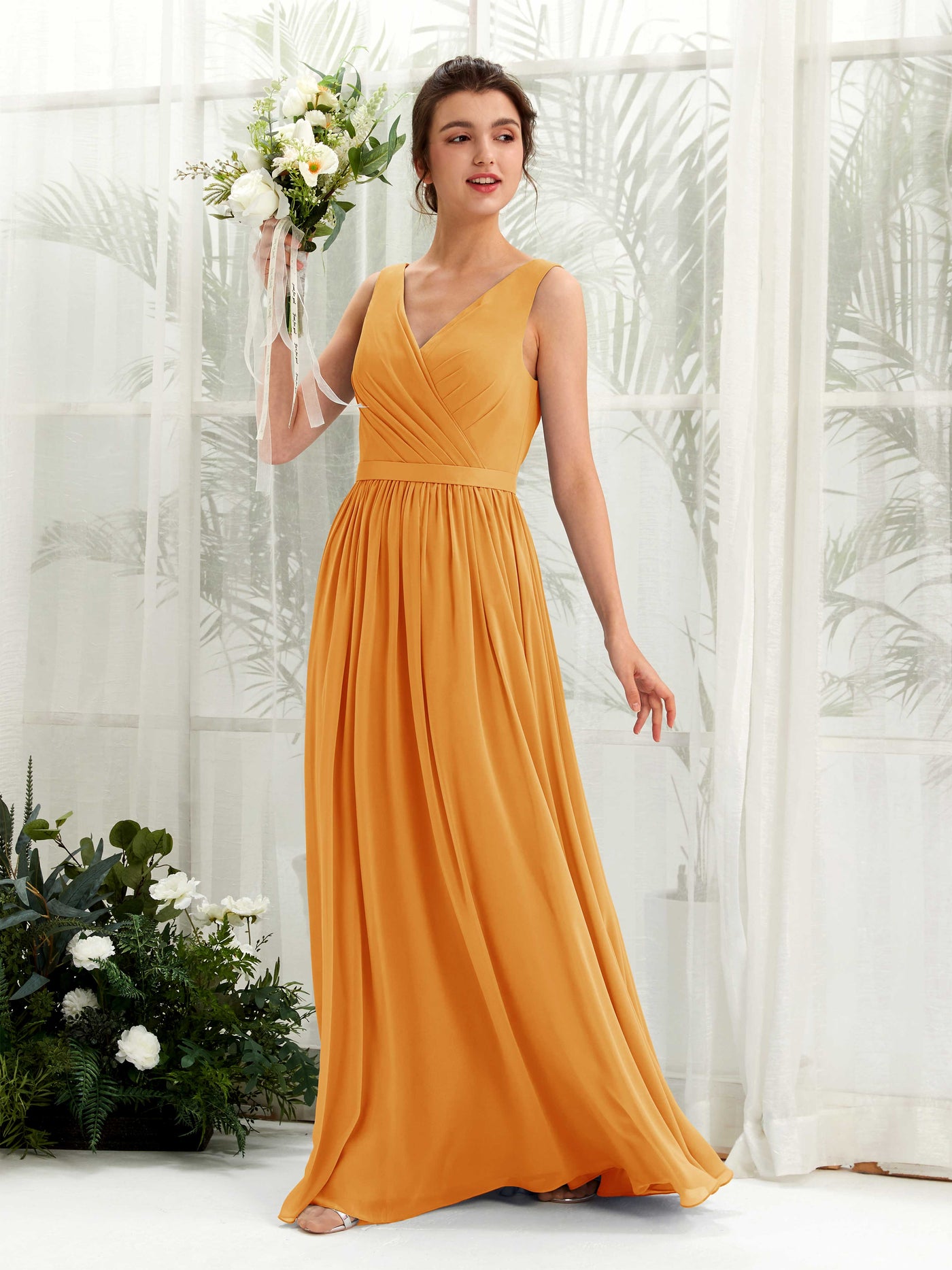 V-neck Sleeveless Chiffon Bridesmaid Dress - Mango (81223602)#color_mango