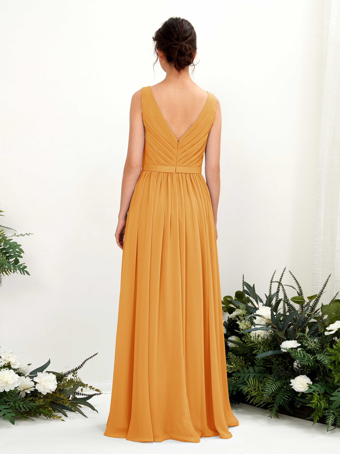 V-neck Sleeveless Chiffon Bridesmaid Dress - Mango (81223602)#color_mango