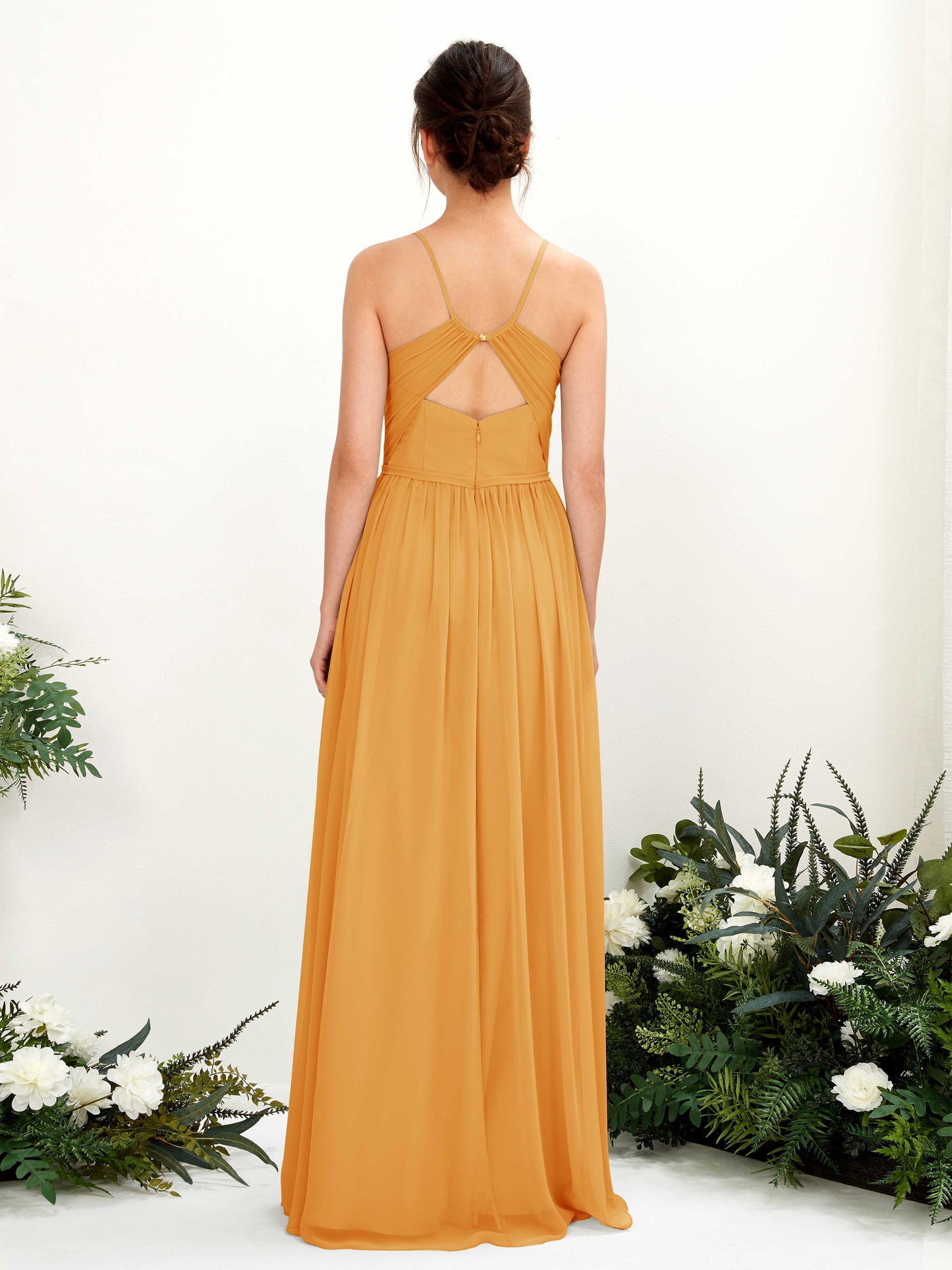Spaghetti-straps V-neck Chiffon Bridesmaid Dress - Mango (81221402)#color_mango