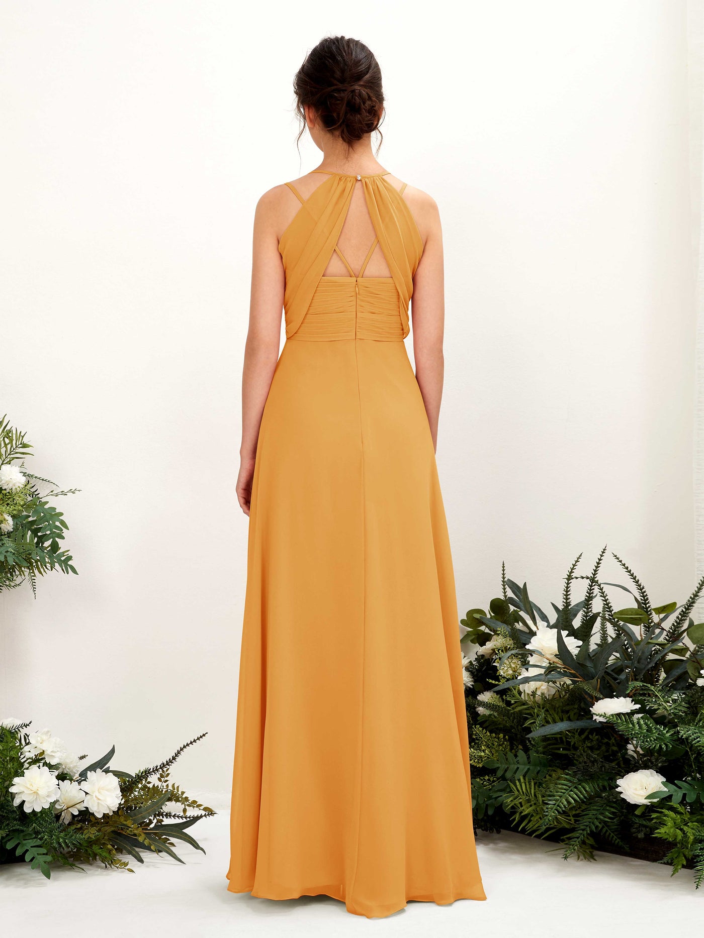 Straps V-neck Sleeveless Chiffon Bridesmaid Dress - Mango (81225402)#color_mango