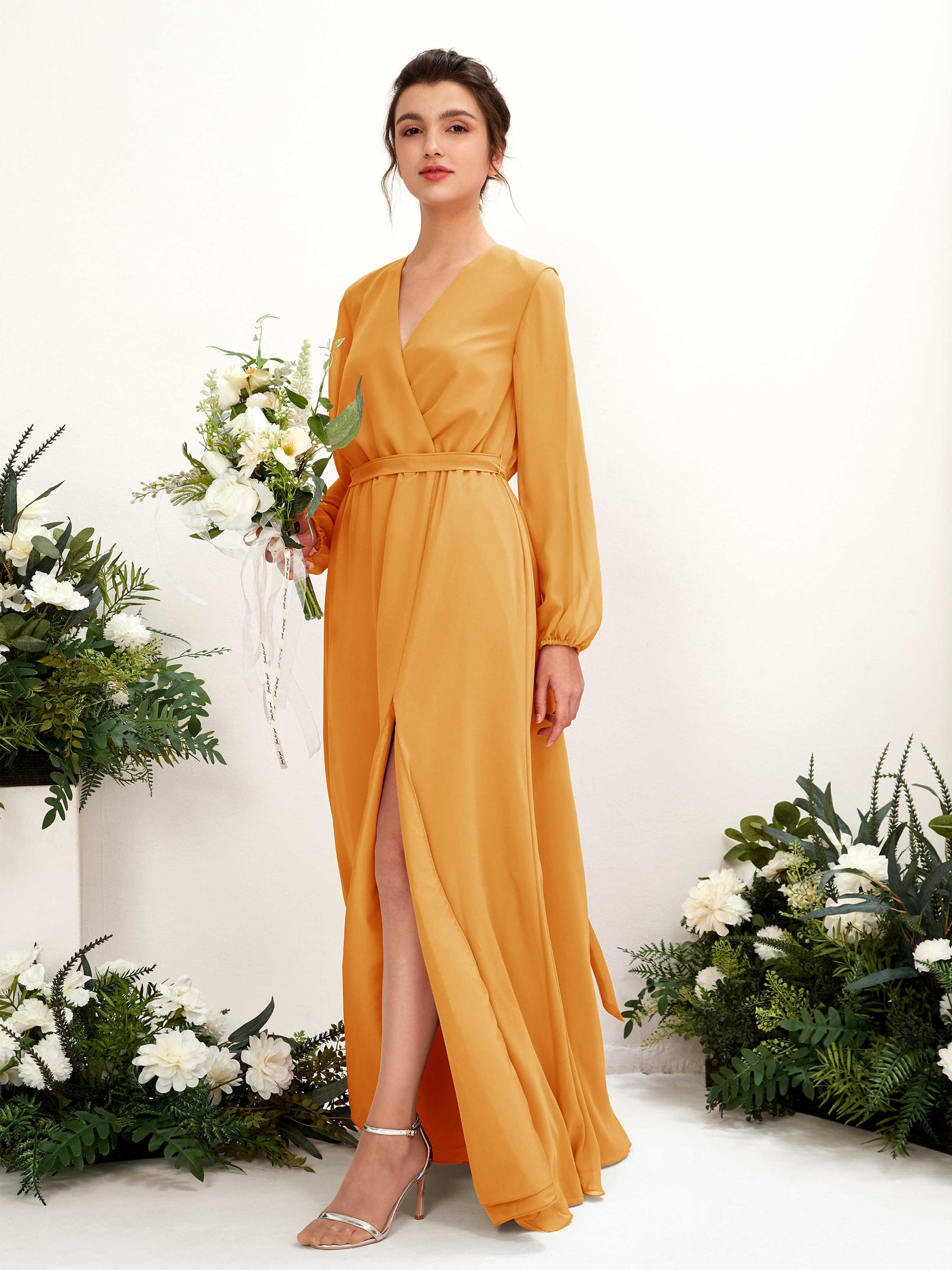 V-neck Long Sleeves Chiffon Bridesmaid Dress - Mango (81223202)#color_mango