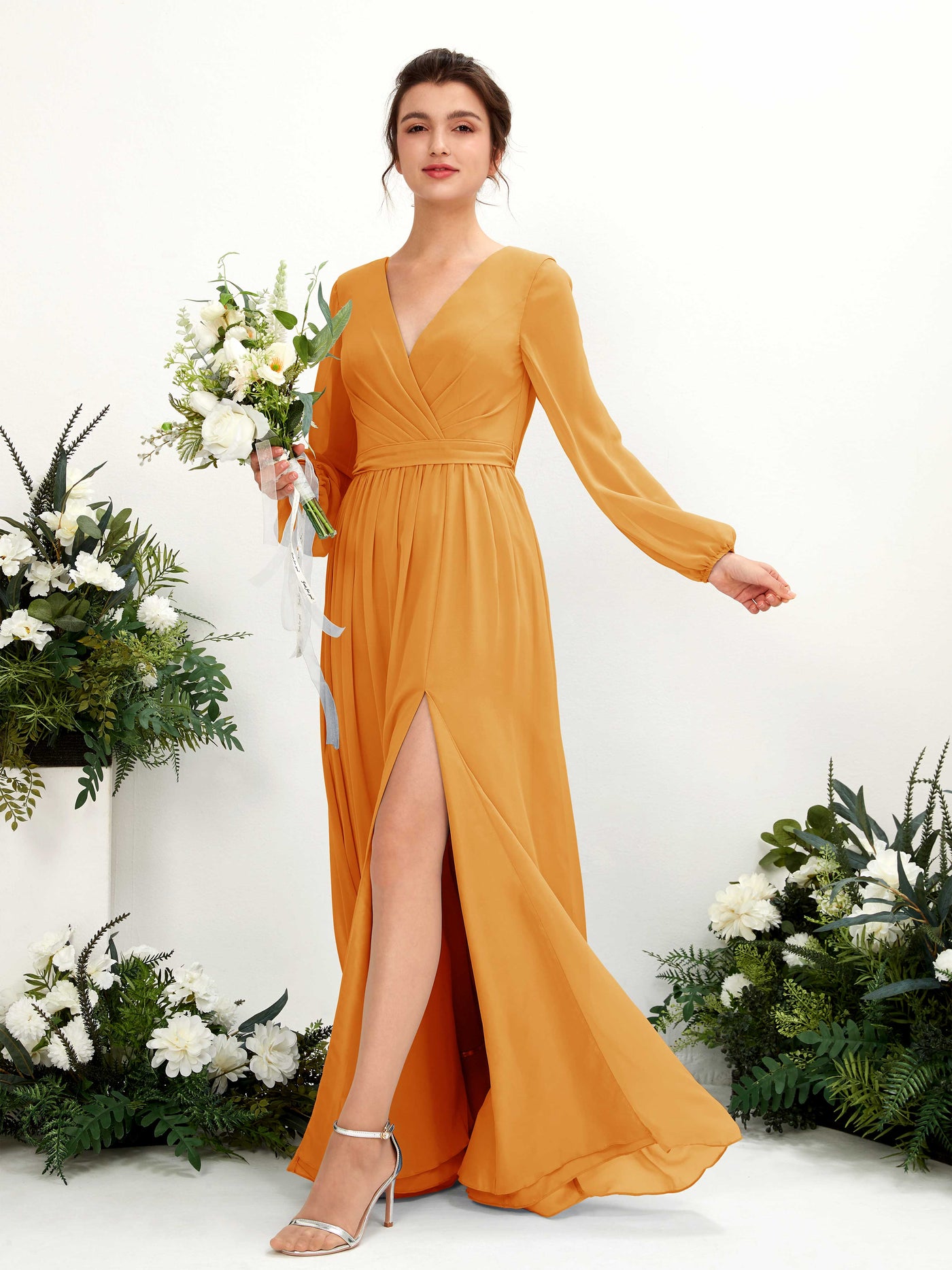 V-neck Long Sleeves Chiffon Bridesmaid Dress - Mango (81223802)#color_mango