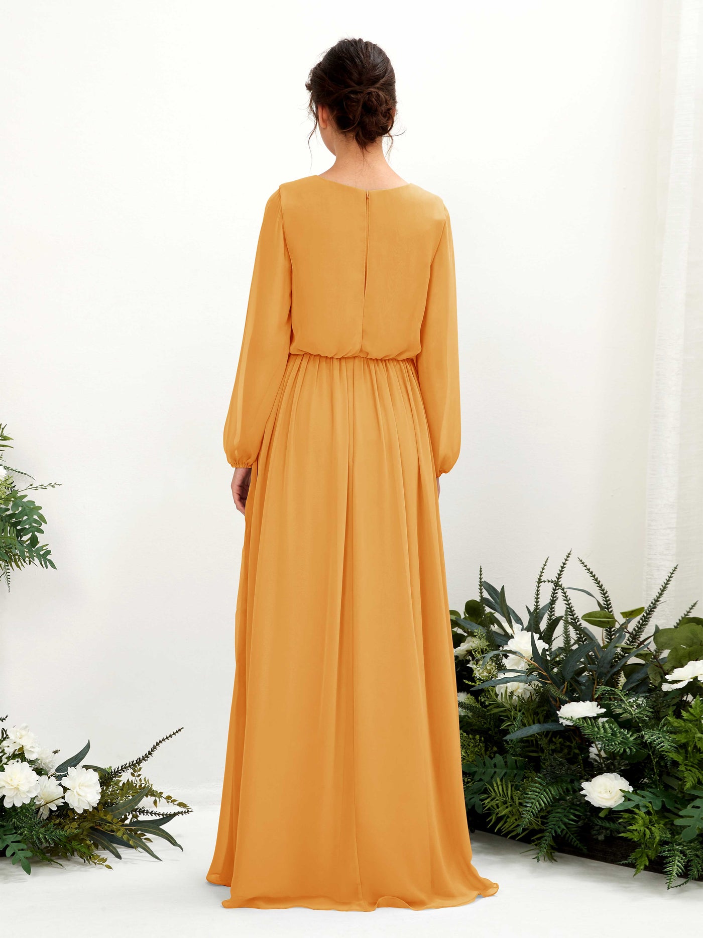 V-neck Long Sleeves Chiffon Bridesmaid Dress - Mango (81223802)#color_mango