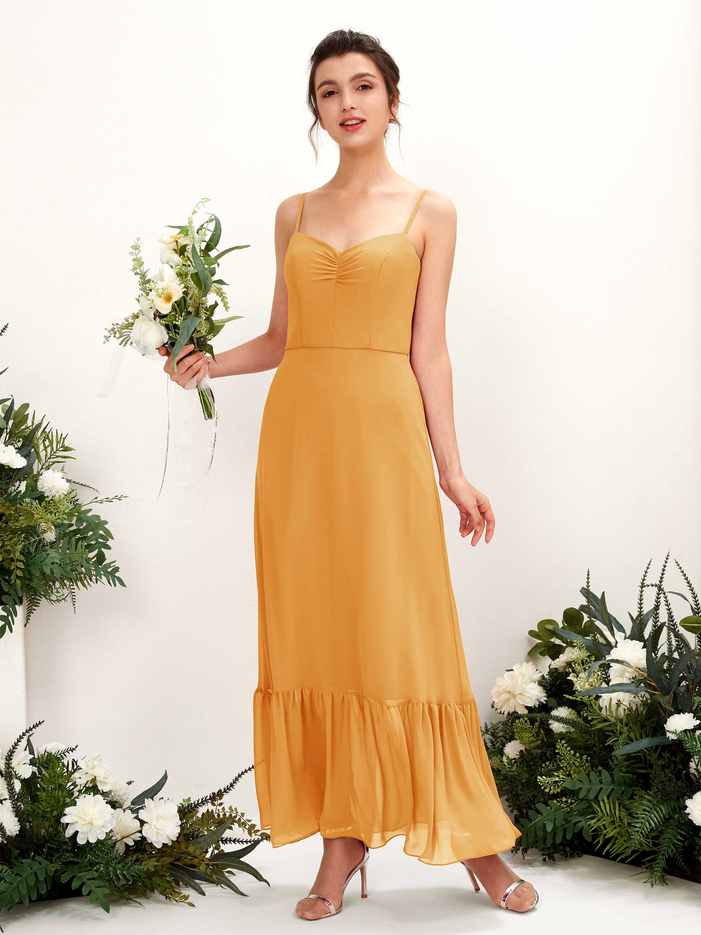 Spaghetti-straps Sweetheart Sleeveless Chiffon Bridesmaid Dress - Mango (81223002)#color_mango