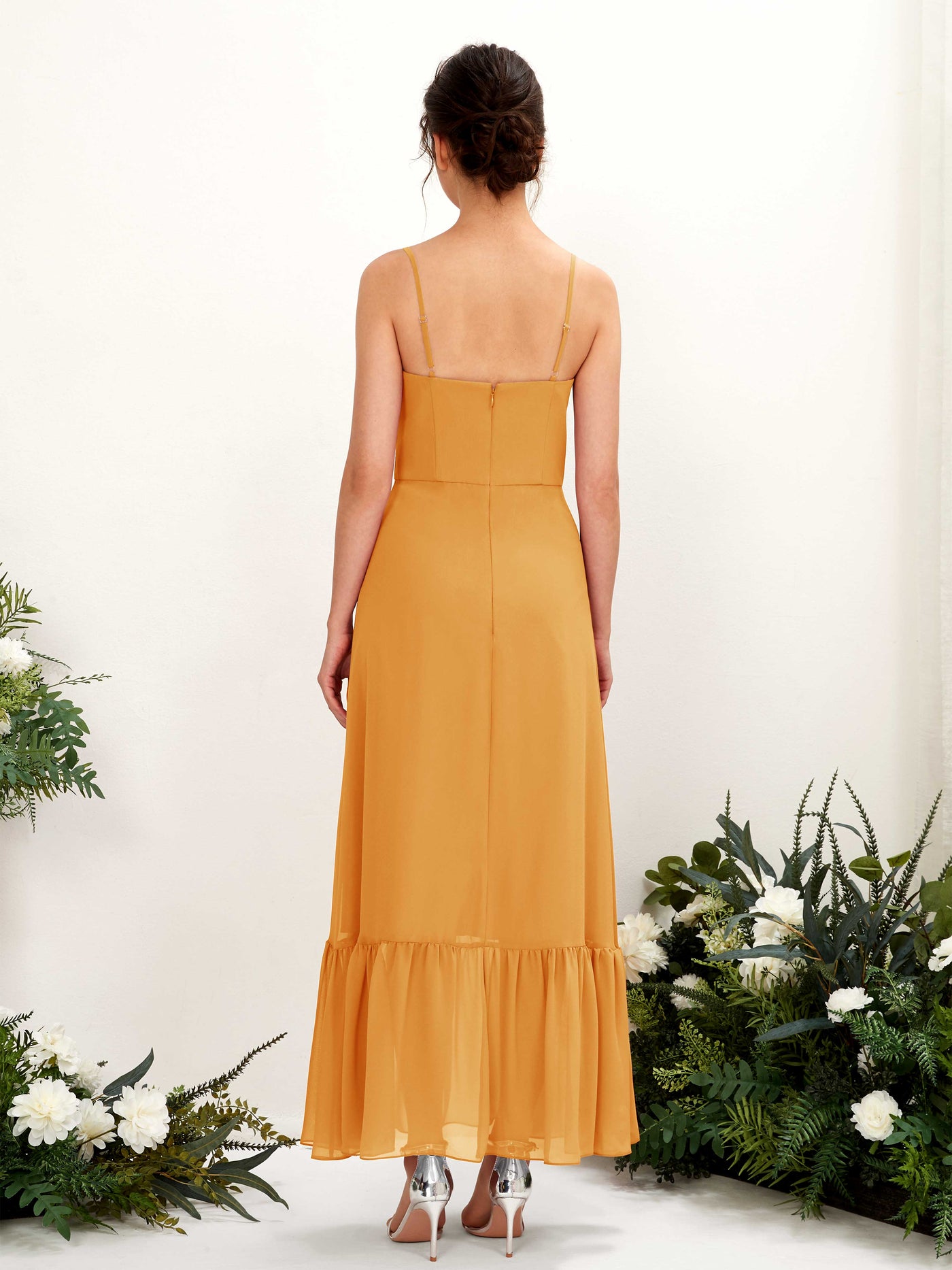 Spaghetti-straps Sweetheart Sleeveless Chiffon Bridesmaid Dress - Mango (81223002)#color_mango