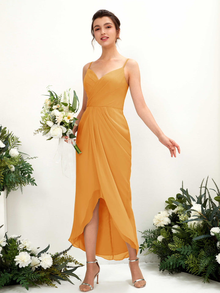 Spaghetti-straps V-neck Sleeveless Chiffon Bridesmaid Dress - Mango (81221302)