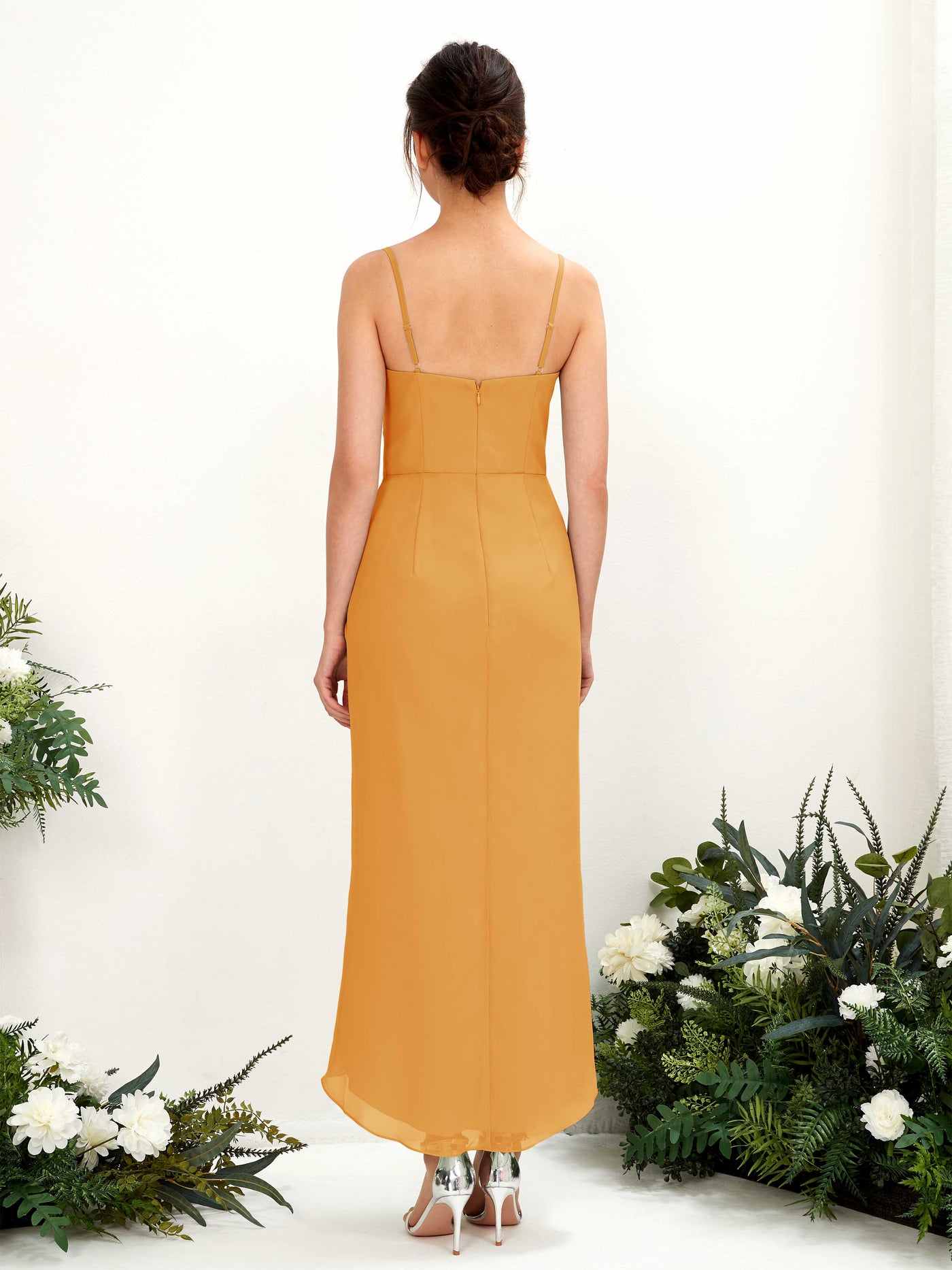 Spaghetti-straps V-neck Sleeveless Chiffon Bridesmaid Dress - Mango (81221302)#color_mango