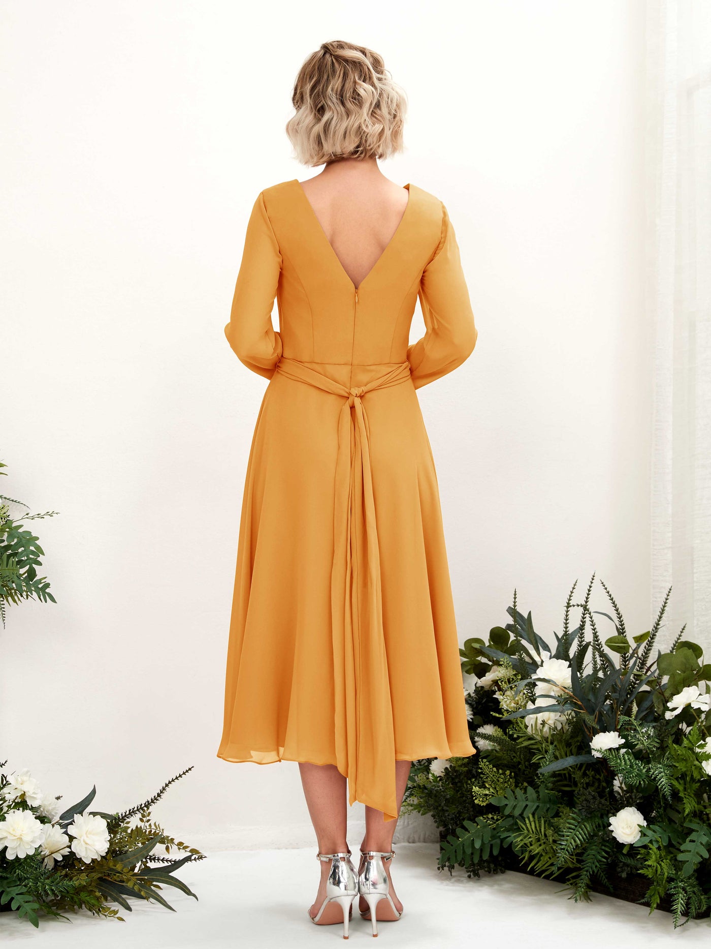 V-neck Long Sleeves Chiffon Bridesmaid Dress - Mango (81223302)#color_mango