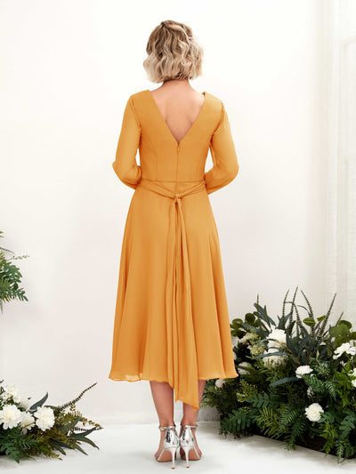 Carlyna Joanna A-Line Mango Bridesmaid Dress Midi Long Sleeve V-Neck  #color_mango