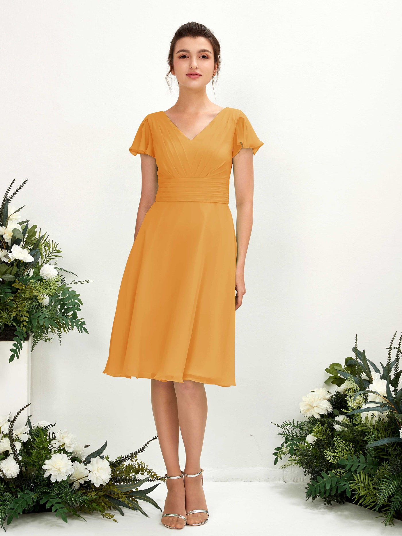 V-neck Short Sleeves Chiffon Bridesmaid Dress - Mango (81220202)#color_mango