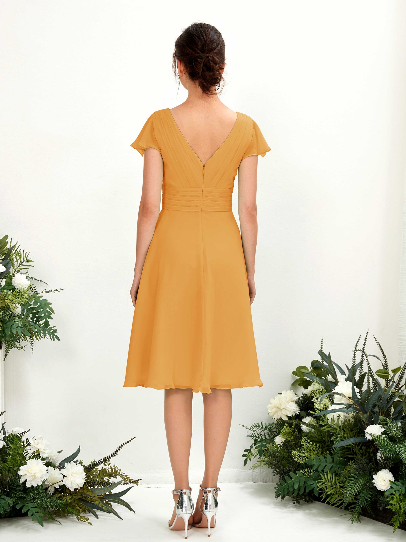 V-neck Short Sleeves Chiffon Bridesmaid Dress - Mango (81220202)#color_mango