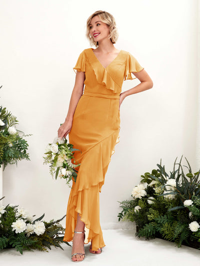 Carlyna Eartha Mermaid Mango Bridesmaid Dress Maxi Cap Sleeve V-Neck Dress Front View #color_mango
