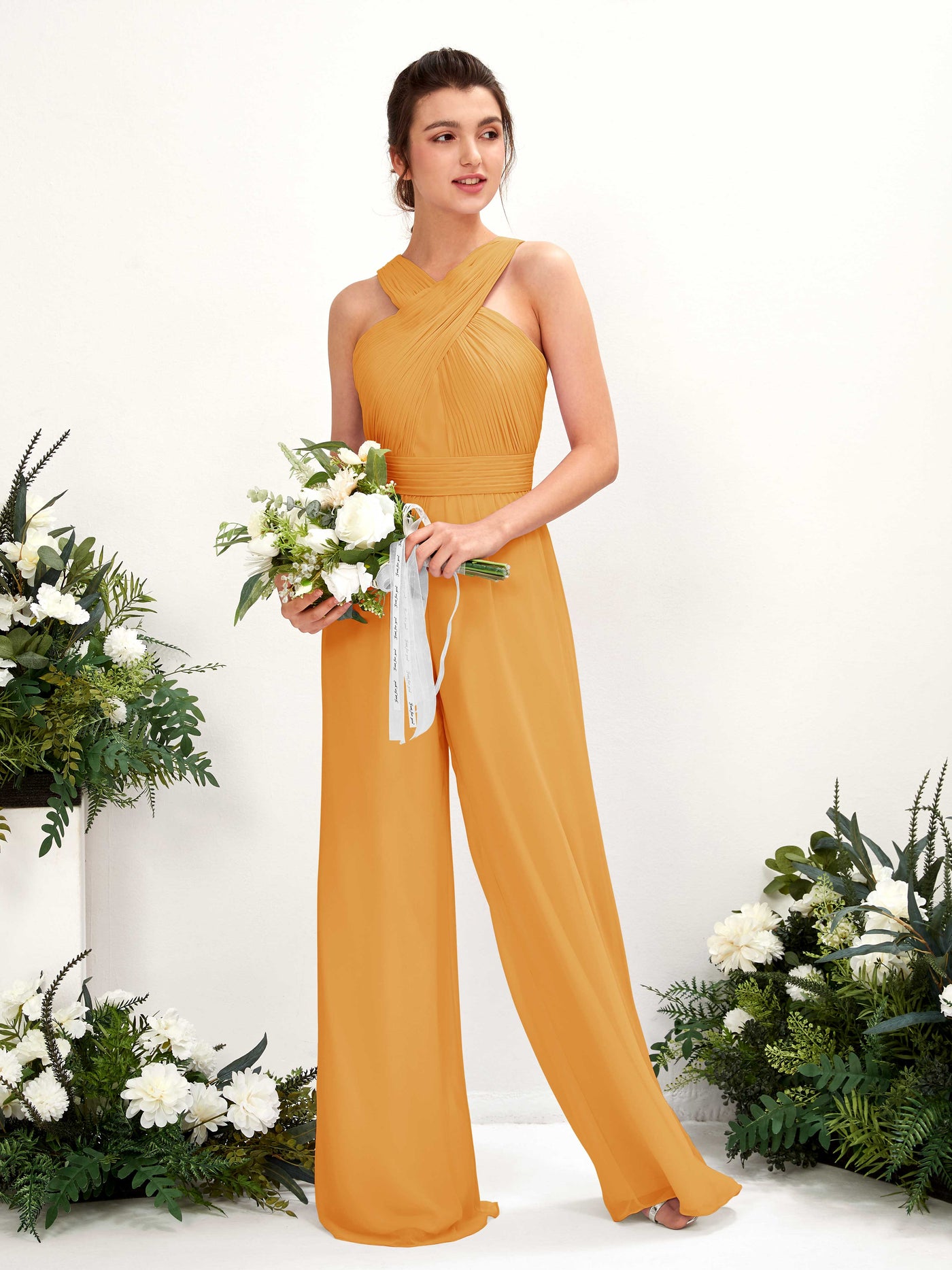 V-neck Sleeveless Chiffon Bridesmaid Dress Wide-Leg Jumpsuit - Mango (81220702)#color_mango