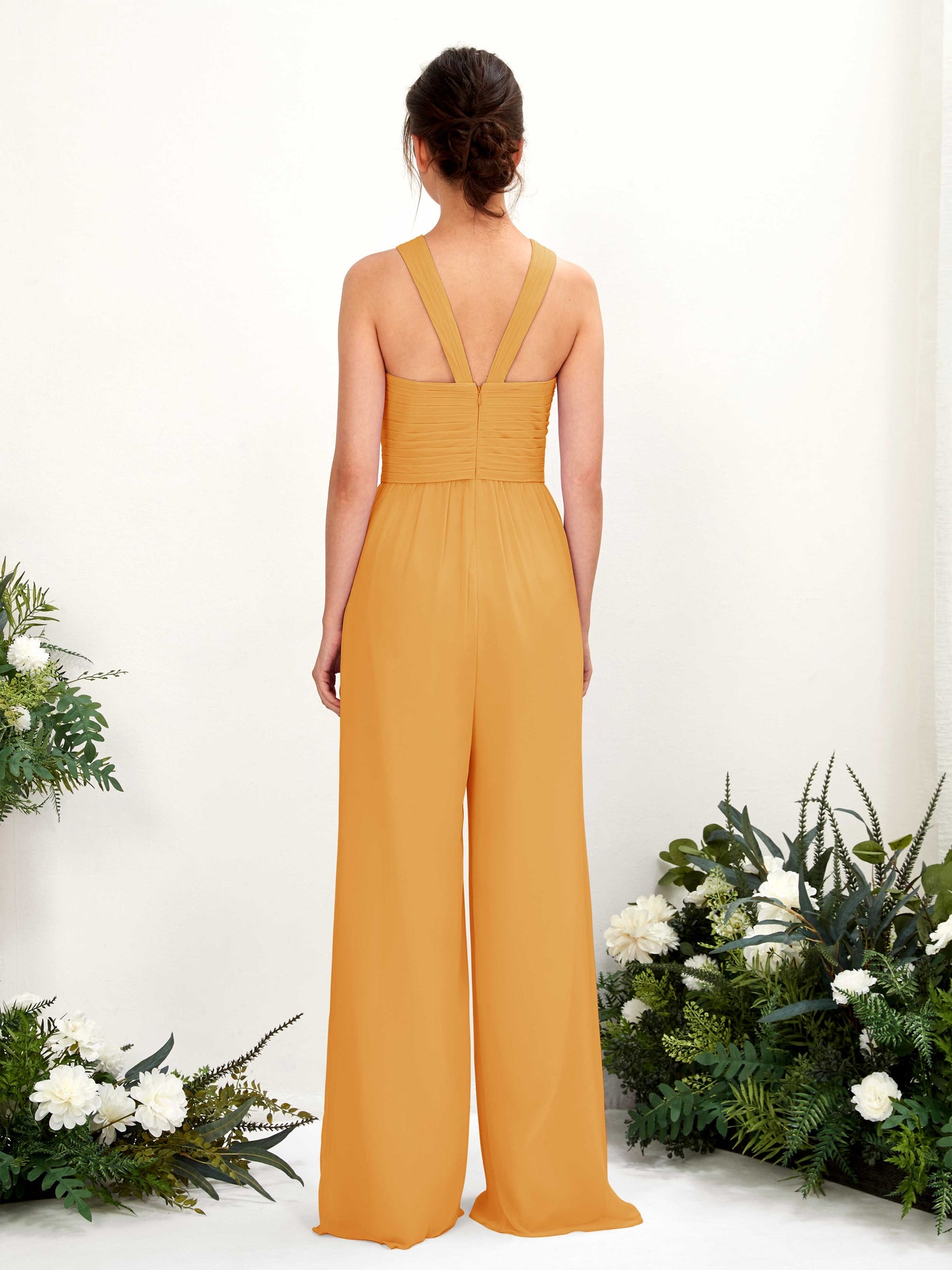 V-neck Sleeveless Chiffon Bridesmaid Dress Wide-Leg Jumpsuit - Mango (81220702)#color_mango