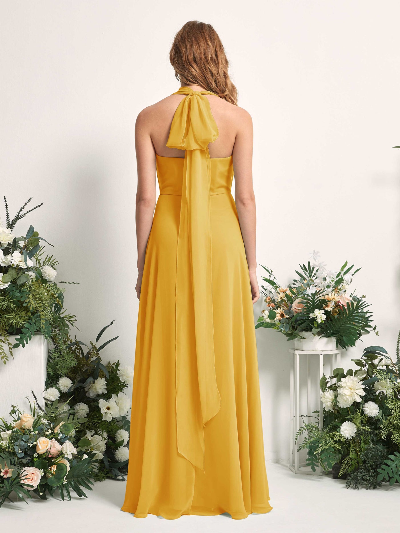 Bridesmaid Dress A-line Chiffon Halter Full Length Short Sleeves Wedding Party Dress - Mustard Yellow (81226333)#color_mustard-yellow