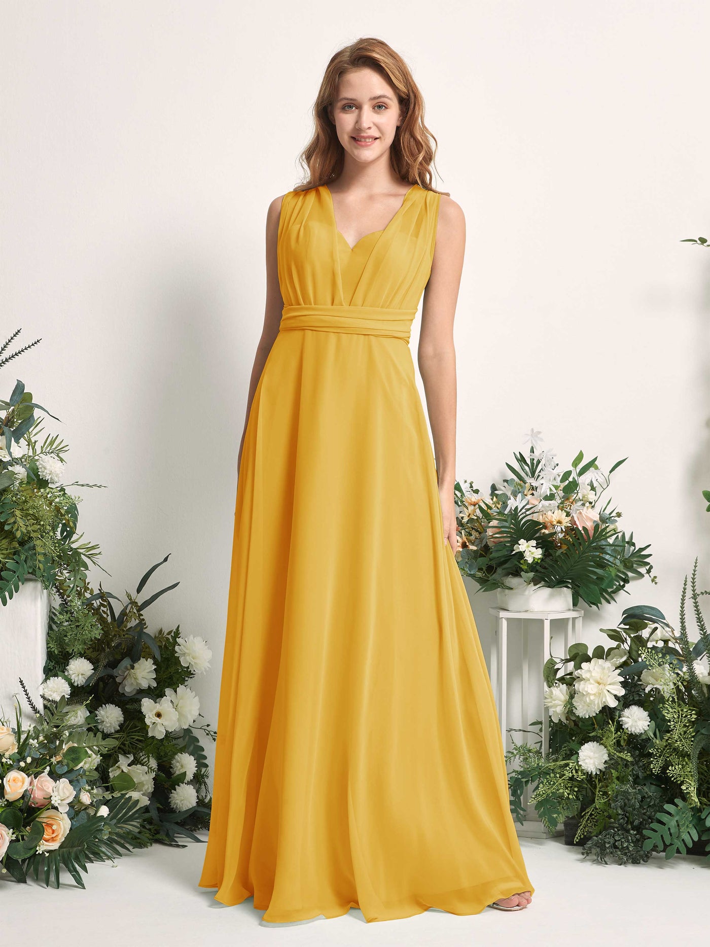 Bridesmaid Dress A-line Chiffon Halter Full Length Short Sleeves Wedding Party Dress - Mustard Yellow (81226333)#color_mustard-yellow
