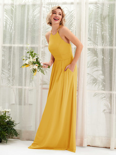 Carlyna Frances A-Line Mustard Yellow Bridesmaid Dress Maxi Sleeveless Round Neck Dress Front View #color_mustard-yellow