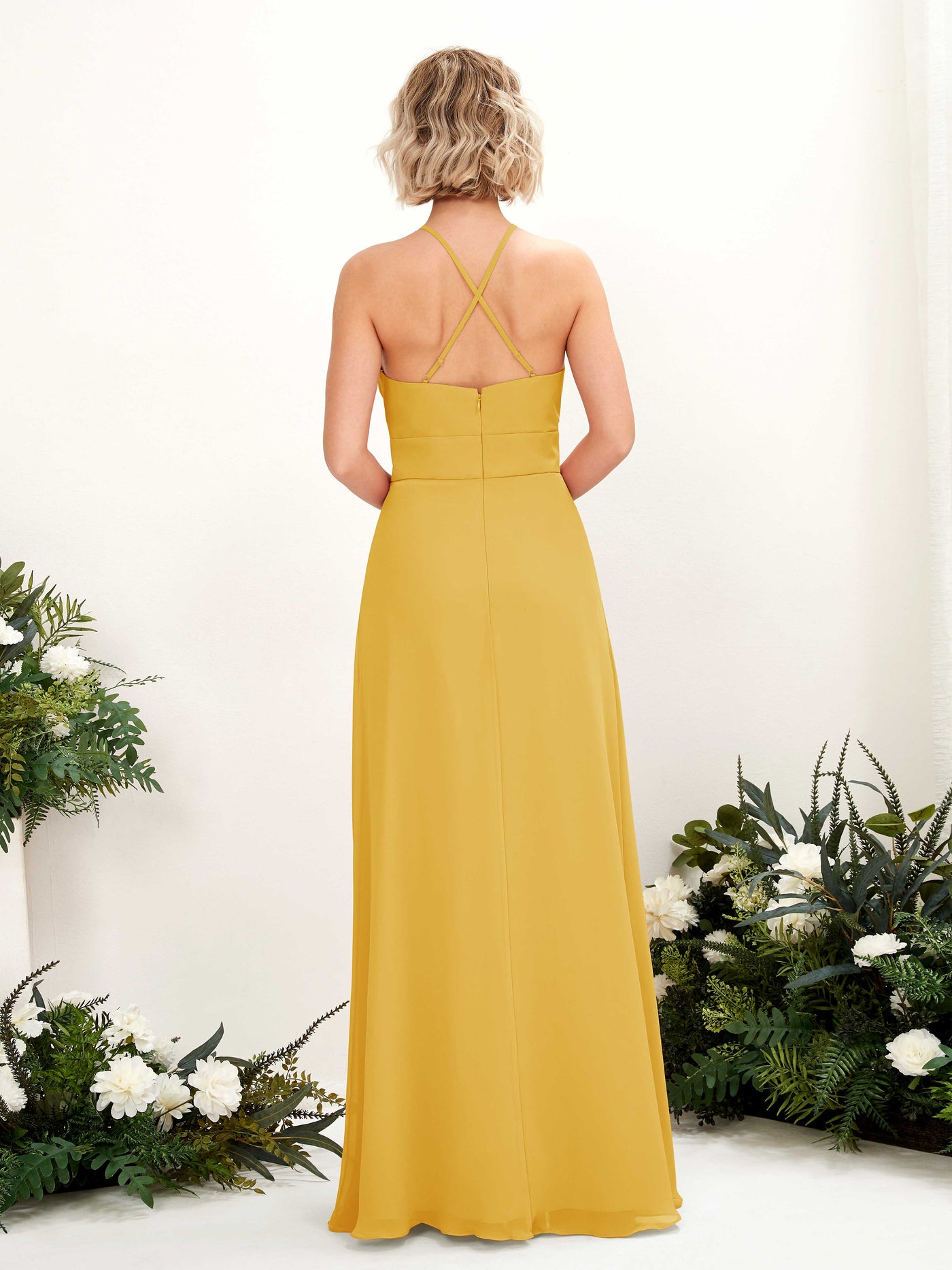A-line Ball Gown Halter Spaghetti-straps Sleeveless Bridesmaid Dress - Mustard Yellow (81225233)#color_mustard-yellow