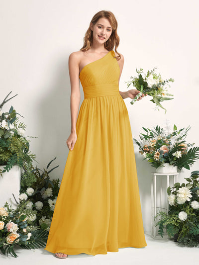 Carlyna Pandora A-Line Mustard Yellow Bridesmaid Dress Maxi Sleeveless One Shoulder Dress #color_mustard-yellow