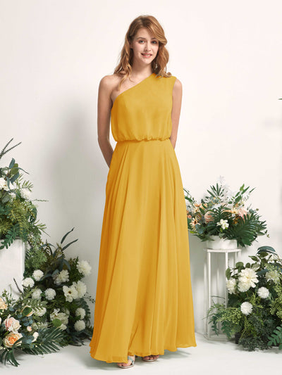 Carlyna Cecily A-Line Mustard Yellow Bridesmaid Dress Maxi Sleeveless One Shoulder Dress Front View #color_mustard-yellow