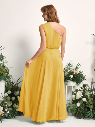 Carlyna Cecily A-Line Mustard Yellow Bridesmaid Dress Maxi Sleeveless One Shoulder Dress Back View #color_mustard-yellow