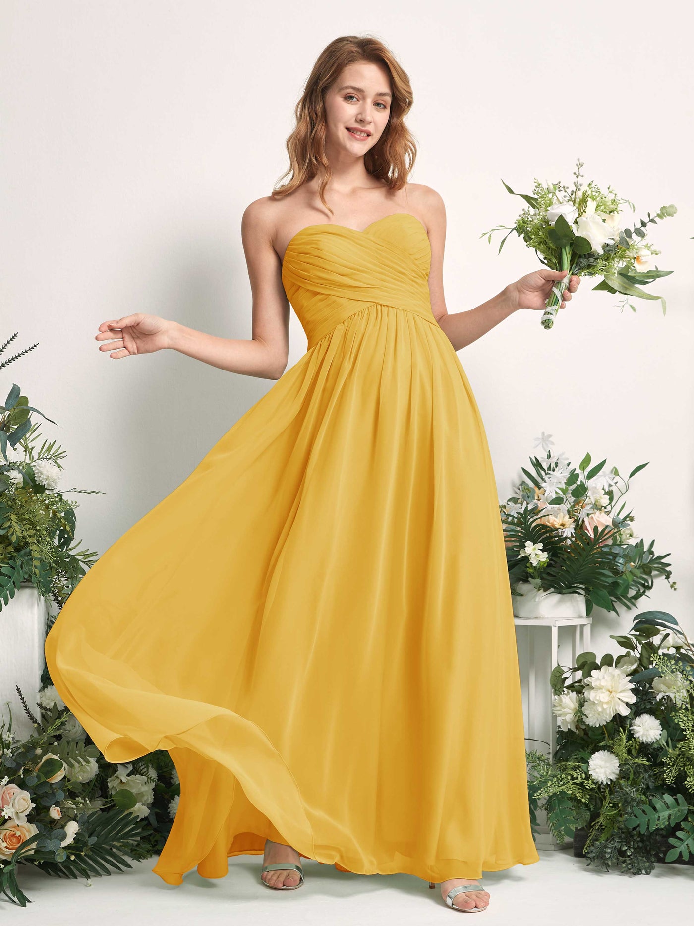 Bridesmaid Dress A-line Chiffon Sweetheart Full Length Sleeveless Wedding Party Dress - Mustard Yellow (81226933)#color_mustard-yellow