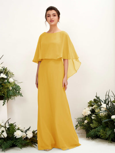 Carlyna Savin Sheath Mustard Yellow Bridesmaid Dress Maxi Cap Sleeve Boat Neck Dress #color_mustard-yellow