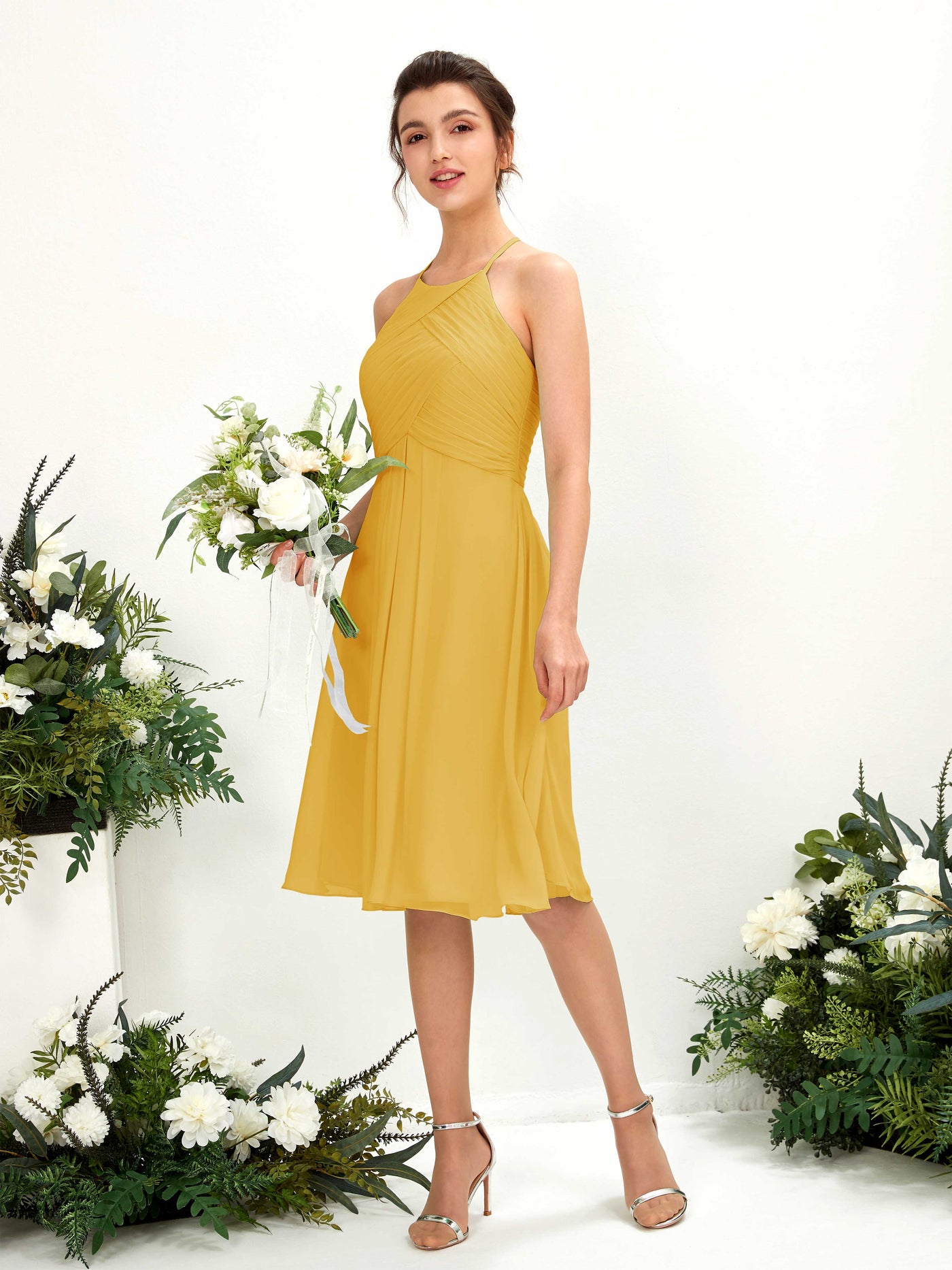A-line Halter Sleeveless Chiffon Bridesmaid Dress - Mustard Yellow (81220433)#color_mustard-yellow