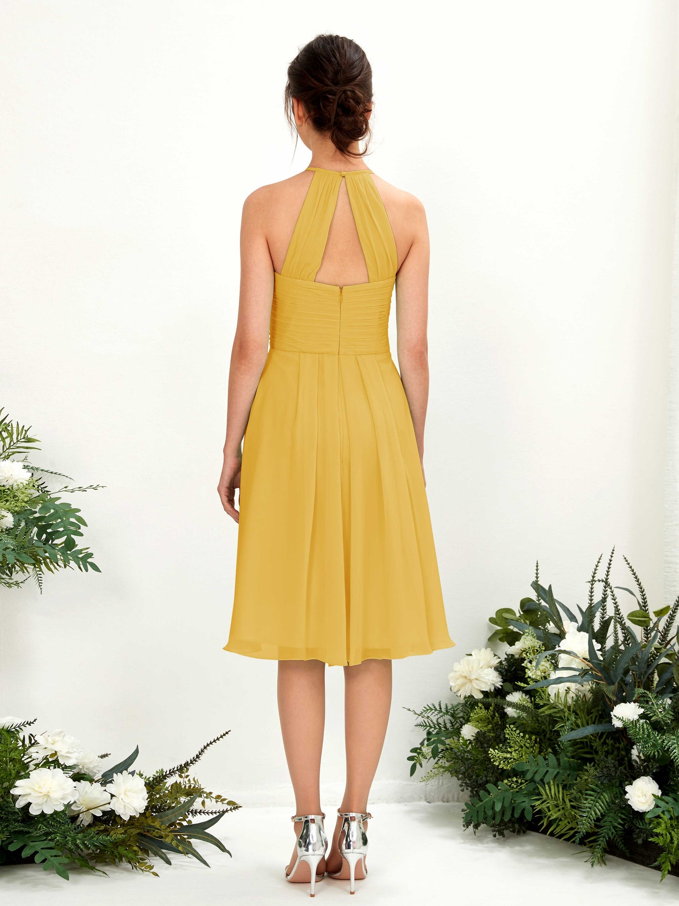 A-line Halter Sleeveless Chiffon Bridesmaid Dress - Mustard Yellow (81220433)#color_mustard-yellow