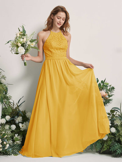 Carlyna Denise A-Line Mustard Yellow Embroidered Bridesmaid Dress Maxi Sleeveless Round Neck Dress Front View #color_mustard-yellow