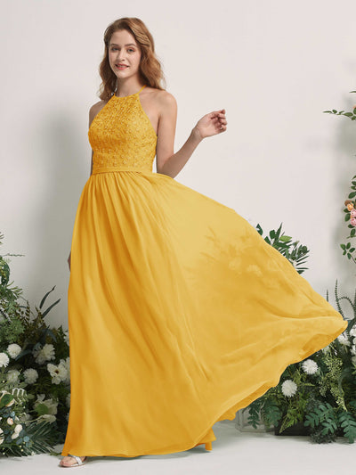 Carlyna Denise A-Line Mustard Yellow Embroidered Bridesmaid Dress Maxi Sleeveless Round Neck Dress Side View 2 #color_mustard-yellow