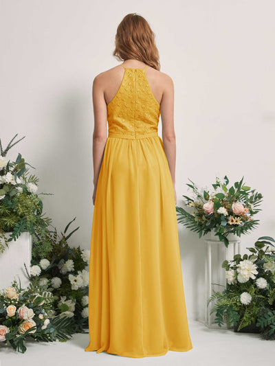 Carlyna Denise A-Line Mustard Yellow Embroidered Bridesmaid Dress Maxi Sleeveless Round Neck Dress Back View #color_mustard-yellow